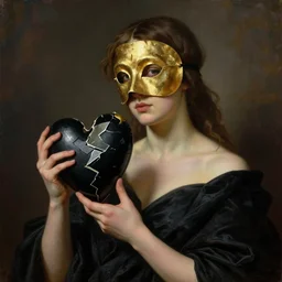 Realistic painting of beautiful woman in gold mask who holds black heart, broken into pieces mask like mirror, black cloth, the long shot, dramatic lighting, high-detailed oil painting by Ilya Repin, William Blake, Michelangelo da Caravaggio and Beksinski, masterpiece, 4k