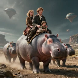 sharp, highly detailed, film from a 2 0 1 9 sci fi 8 k movie, set in 1 8 6 0, a family riding on the back of small alien hippos, on an alien planet, wearing 1 8 6 0 s clothes, atmospheric lighting, in focus, reflective eyes, 3 5 mm macro lens, live action, nice composition