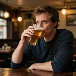 jordan peterson drinking a delicious pint in a english - style pub, warm lighting, cozy, inviting