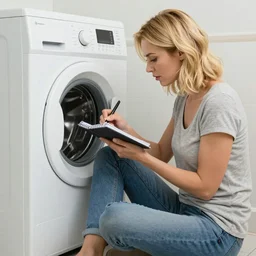 Photograph full shot of a blonde woman with shoulder-length hair. She is sitting on a washing machine. She is writing in a notebook. Side view. hyper realistic, 4k, intricate details