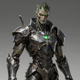 human goth groot ; adult male 3 0 years ; glowing green eyes ; scientist ; smug ; sharp face ; slender ; vampire ; wearing a high tech set of heavy metal armour ; robot ; trending on artstation ; high detail ; digital art ; in the style of berserk