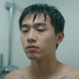 close - up on a shower with a teenager under, depth of field, blur cinematic, 4 k