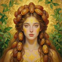 epic painting, full figure portrait of beautiful goddess with with golden sweet dried dates fruits, medjool dates, dried dates crown,, green and gold tea leaves background, golden glow background, drawing, photography by amy leibowitz, wlop, jeremy lipkin, beeple, intricate golden fractals, brown hair, symmetrical front portrait, artgerm