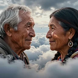 faces of an indigenous amazonian grandfather and grandmother spirits in the clouds, smiling, protection, benevolence, ancestors, detailed faces, art by christophe vacher