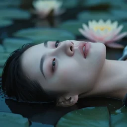 pale face lying under the water, top down, closeup, water lilies, cinematic, shallow depth of field, atmospheric, ultra high detail, somber colors