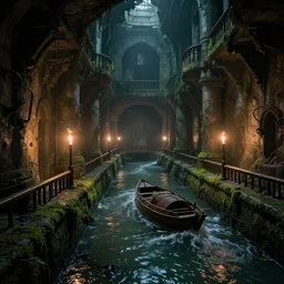 inside the ancient flooded sewers in the old part of the city. fantasy art, layers of architecture, adventure, wet, standing water, channel, canal, boat, lamp, running water, stream, channel, musty, moss, sewage, dark, underground, abandoned spaces, torch - lit. by ralph mcquarrie and fred fields