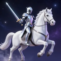 A knight holding a sword while riding in a Pegasus through the galaxy, vaporwave, 4K