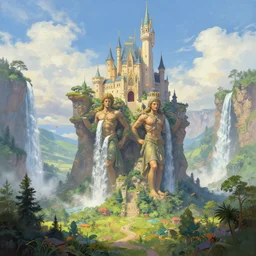 a beautiful digital painting of a castle carried by gigantic human statues, huge waterfalls, lovely valley by James Gurney, by Greg Rutkowski, concept art, octane render, trending on artstation, 8k