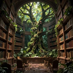 a ( ( decaying old library ) ) with a rainforest - tree growing inside, highly detailed, intricate detail, magical lighting, dramatic scenery, beautiful 3 d rendering, octane render, trending on artstation