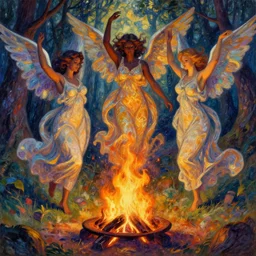 illustration studio portrait of three dark beautiful seraphim female energy dancing in artistic poses in a witch's coven at the forest, a big firepit emerges, monet painterly motives and textures pattern, hyper detailed, octane render, vivid colors, artstation, by jeremy mann, by alphonse mucha, by monet