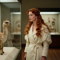 an image of a queen visiting the museum of nature in a medium full shot, vintage historical fantasy 1 9 3 0 s kodachrome slide german and eastern european mix, with tan skin, long, rippling cinnamon hair, and emerald - colored eyes. she is photographed seeing exhibits in a museum. she is wearing a white gold topaz diamond earrings and an alpaca long shawl collar wrap dress coat.