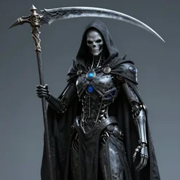 Cybernetic Grim Reaper, dark cloak, holding a scythe, 8k octane rendered, photo realistic, highly detailed, intricate