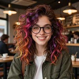 stylish smiling girl with freckles glasses and wild colorful hair, detailed cafe background | | fine detail!! anime!! realistic shaded lighting!!, directional lighting 2 d poster by ilya kuvshinov, magali villeneuve, artgerm, jeremy lipkin and michael garmash and rob rey