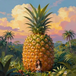 closeup, giant pineapple head, a girl surrounded by the djungle, surreal photography, golden hour, colorful clouds, impressionist painting, digital painting, artstation, simon stalenhag