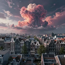 apocalyptic futuristic amsterdam with psychedelic clouds in the year 2 1 4 5. 4 k
