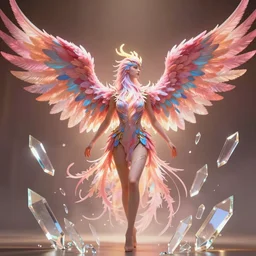 a photo of 8 k ultra realistic woman with pink and blue flaming phoenix wings, swarm of transparent glass shards, d & d, fantasy, cinematic lighting, highly detailed, artstation, concept art, smooth, sharp focus, illustration, warm light, cozy warm tint, magic the gathering artwork, volumetric lighting, art by akihiko yoshida, greg rutkowski