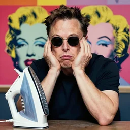 the portrait of depressed, miserable, sorrow elon musk worrying he forgot to unplug the iron. wearing round sun glasses. colorful pop art, modern art, by andy warhol