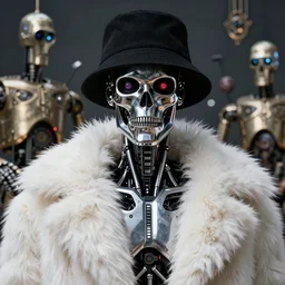beautiful fantasy character portrait, the terminator robot, wearing black bucket hat with white fur coat, futuristic chrome, ultra realistic, dramatic lighting, droids, the fifth element artifacts, highly detailed by peter mohrbacher, hajime sorayama, wayne barlowe, boris vallejo, aaron horkey, gaston bussiere, craig mullins