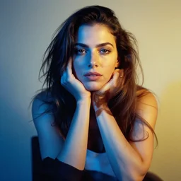 woman, beautiful, thinking, relaxed, staring at the camera,, warm blue and yellow studio lightning, by steve mccurry, photograph, portrait