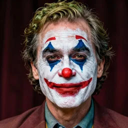Jerome Powell with colorful clown makeup all over his face whiteface, derp eyes