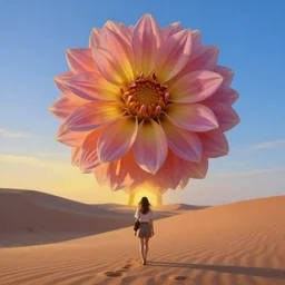 closeup giant dahlia flower instead of head, a girl walking between dunes, surreal photography, sunrise, blue sky, dramatic light, impressionist painting, digital painting, artstation, simon stalenhag