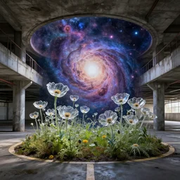 a beautiful photorealistic render of urbex parking garage nature by ivan aivazovsky, cosmic universe made of glass poppy, archdaily, wallpaper, highly detailed, trending on artstation.