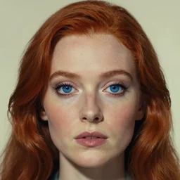 a portrait of a beautiful woman with blue eyes and red hair, centered face, highly surrealistic art in the style of Salvador Dali and Ross Tran, highly detailed, trending on artstationhq