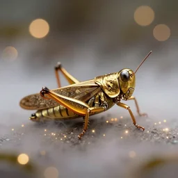 intricate macro photography of a shiny gold grasshopper, bokeh, magical, glowing fog, trending on artstation