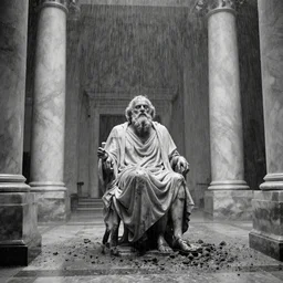 movie still of socrates frozen in a gigantic marble hall under the rain, cinestill 8 0 0 t black and white, by andrei tarkovsky, very heavy grain, high quality, high detail, ultra wide lens, sharpness, flares, anamorphic, foggy, mud, rain