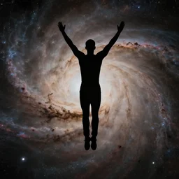 athletic man, inspiring pose, floating, silhouette, long shot, in a cosmic nebula background, matte colors, very very very dramatic, inspiring digital art trending on artstation