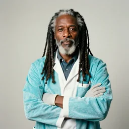 portrait of an african mad scientist man standing with arms crossed. regal and smart. masculine. long elder dreadlocks in a mad scientist hairstyle. goatee. wearing a howie lab coat and nitrile gloves. aqua velvet cake colors. 3 5 mm portraiture film.