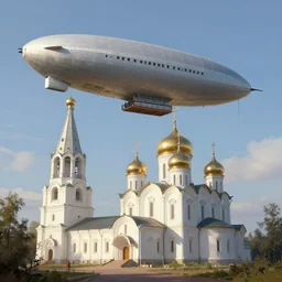 a large dieselpunk airship is standing in the air over a splendid white church in russia, full morning sun, matte painting by greg rutkowski, james gurney