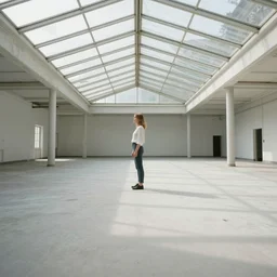 Wide angle full shot of a white woman standing still in a large abandoned and empty room. She\'s seen from a profile view. Sunlight shining on her from glass ceiling that looks like an old greenhouse. She\'s looking up towards the ceiling. Plants have been growing in the room, but it\'s mainly concrete and metal beams. The room is dark except for where the woman is standing. Kodak portra 400