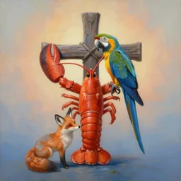 painting of cross between lobster & parrot & fox, intercrossed animal, by zdzislaw beksinski, by tiffany bozic, logical anatomy, cold hue's, warm tone gradient background, concept art, medium shot, beautiful composition, digital painting,