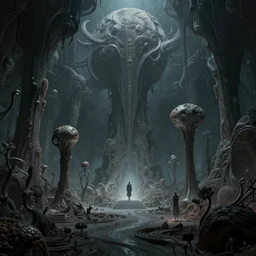 Sci-fi environment set in a nightmarish universe of odd forms and somber tapestry, HR Giger, Wadim Kashin, in Peter Elson color scheme, featured in artstation, octane render, cinematic, elegant, intricate, 8k
