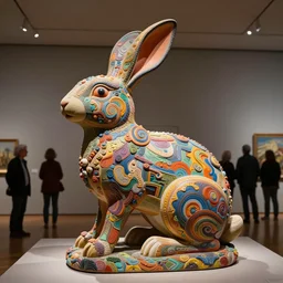 stunning colorful intriguing polished painted massive clay sculpture of a mythic rabbit animal by beth cavener in a museum. help of ellen jewett, beth cavener, sayaka ganz, edouard martinet, john o'reilly and judith klausner