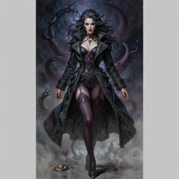 lady in seductive coat and pantyhose, cosmic horror style, intricate, seductive confident pose, realistic, highly detailed, digital painting, art by wlop and artgerm and ross tran and greg rutkowski, charlie bowater