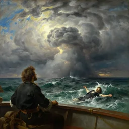 a man on a ship who is amazed by the beauty of a huge storm in the middle of the sea that is about to absorb him and end his life, painting by gustave courbet, high detail, claude joseph vernet, rembrandt, museum painting
