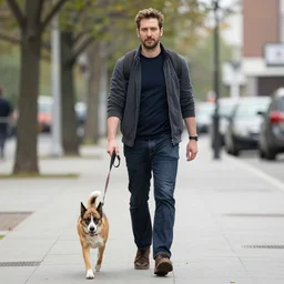portrait of a man walking a dog