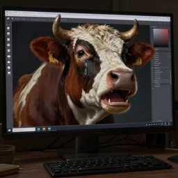 Detailed cow crying on computer screen in the dark, home alone, loneliness, sadness, tears, 3d octane render, realistic, detailed, highly detailed, hyper detailed, high definition, extremely detailed oil painting, unreal 5 render, rhads, Bruce Pennington, Studio Ghibli, tim hildebrandt, digital art, octane render, beautiful composition, trending on artstation, award-winning photograph, masterpiece