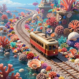 a streetcar is running on the chromatic sea composed of coral and shells, unreal engine, fantasy art by greg, loish, rhads, ferdinand knab, makoto shinkai and lois van baarle, ilya kuvshinov, rossdraws, tom bagshaw, global illumination, radiant light, detailed and intricate environment ， trending onstudio ghibli ， highly detailed, octane render, 8 k