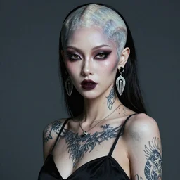 a portrait of a strikingly beautiful, strange alien fashion, tattoos, earrings, makeup, hyperrealistic, dramatic lighting