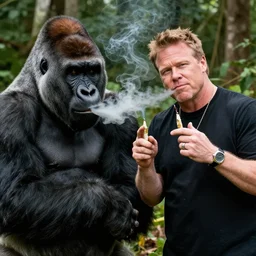 A Photo of Joe Rogan smoking DMT with his Gorilla. a Gorilla smoking DMT alongside Joe Rogan.