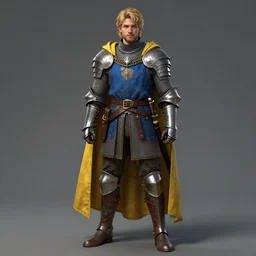 a rugged young knight with blonde hair and blue eyes and a short beard  wearing a blue shirt over chain mail and steel pauldrons and a yellow cape and leather boots concept art by Tony Sart and Greg Rutkowski, realistic, highly detailed, masterpiece, ArtStation