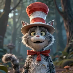 complex 3 d render, hyper detailed, ultra sharp, of the cat in the hat, scary, fluffy, cinematic, natural soft light, rim light, art by greg rutkowski and moebius, dr seuss