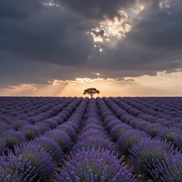 lines of lavender heading away from camera, a single tree on horizon, desaturated colors, sunset, panoramic, by peter lik