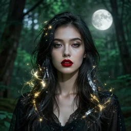 double exposure effect, glowing silver and golden elements, female portrait model from shutterstock as a dark witch, book cover, green forest, white moon, red lips, establishing shot, extremly high detail, photo-realistic, cinematic lighting, pen and ink, intricate line drawings, by Yoshitaka Amano, Ruan Jia, Kentaro Miura, Artgerm, post processed, concept art, artstation, matte painting, style by eddie, raphael lacoste, alex ross