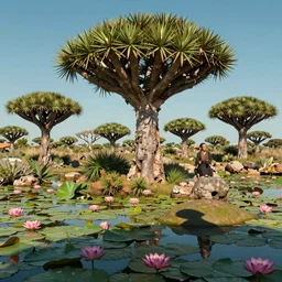 summer socotra island with dragon trees and lotus ponds, sharp focus, wide shot, trending on ArtStation, masterpiece, by Greg Rutkowski, by Ross Tran, by Fenghua Zhong, octane, soft render, ultrarealistic, colorful, cinematic, matte painting, shadow of the tomb rider