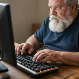 a fat old man with a white beard typing on a mechanical keyboard in front of a computer, detailed,
