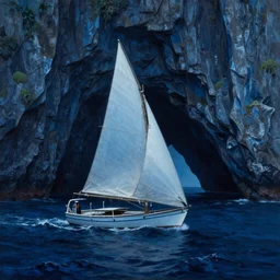 photorealistic blue - toned painting of a 1 9 2 5 bay boat sailing near a jamaican cliff with the mouth of a sea cave at the waterline, dark, brooding, atmospheric, lovecraft, horror, smooth, epic, highly detailed, cinematic